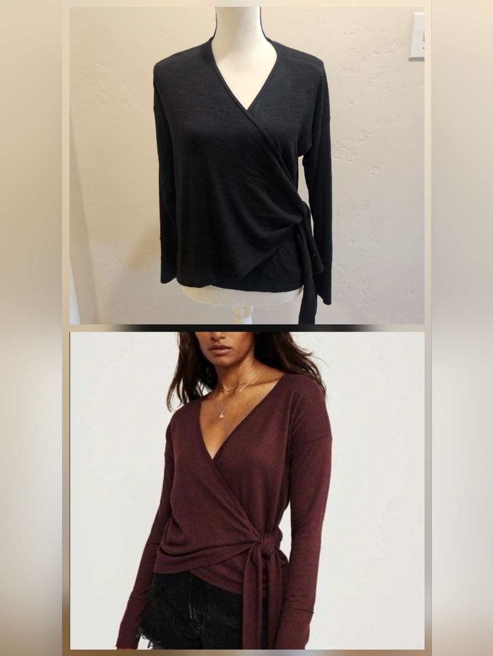Women's Abercrombie Soft AF Cozy Size L Black Long Sleeve Wrap TIe Top